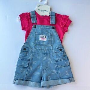 Aéropostale Kids Girls Size 4 Denim Overall Shorts & Pink Top Summer Outfit NWT